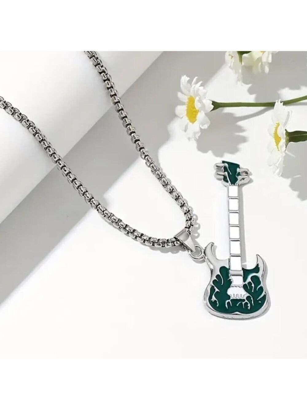 Emerald Green Flaming Guitar with White Neck Rocker Necklace and Pendant 1559